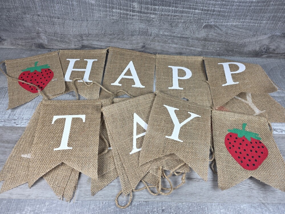 Jute Burlap Strawberry Theme Happy Birthday Party Banner Summer Rustic b215
